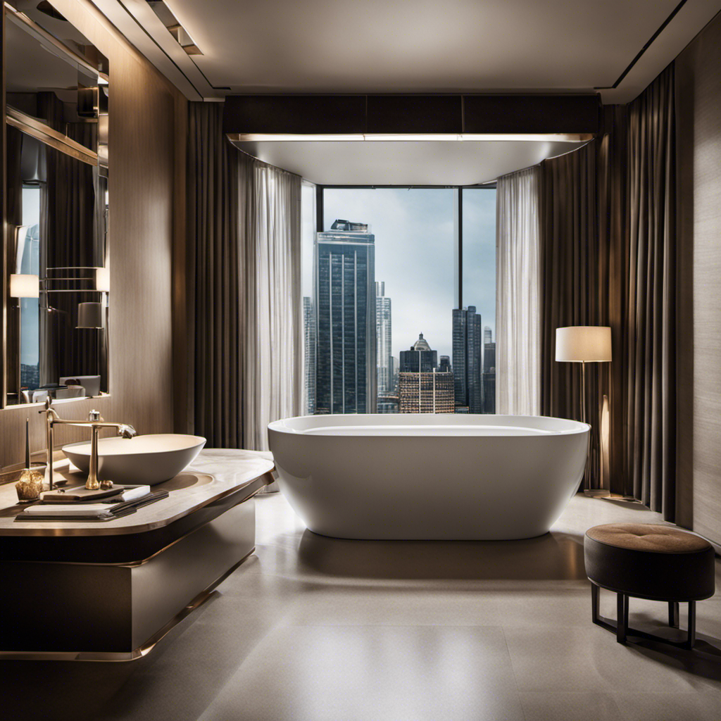 An image capturing a sleek hotel bathroom, with a pristine bathtub filled halfway with water