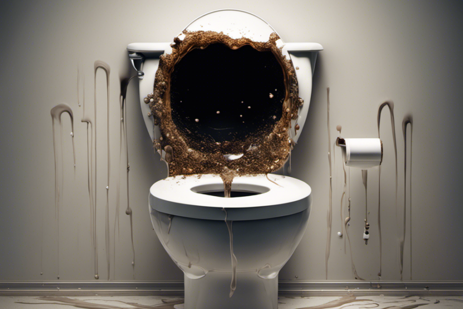 An image depicting a toilet bowl dissolving from the inside out, with corrosive liquid seeping through cracks, emitting toxic fumes