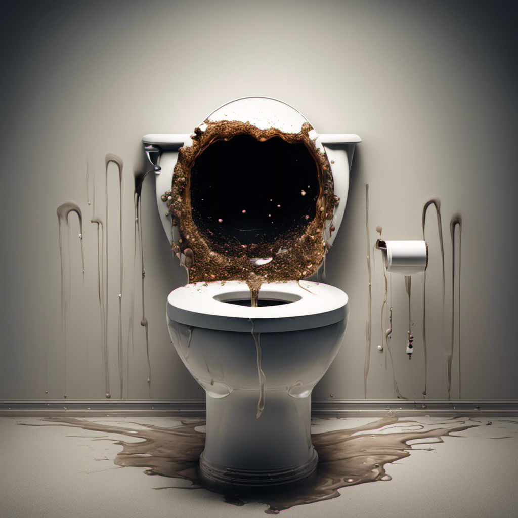 An image depicting a toilet bowl dissolving from the inside out, with corrosive liquid seeping through cracks, emitting toxic fumes