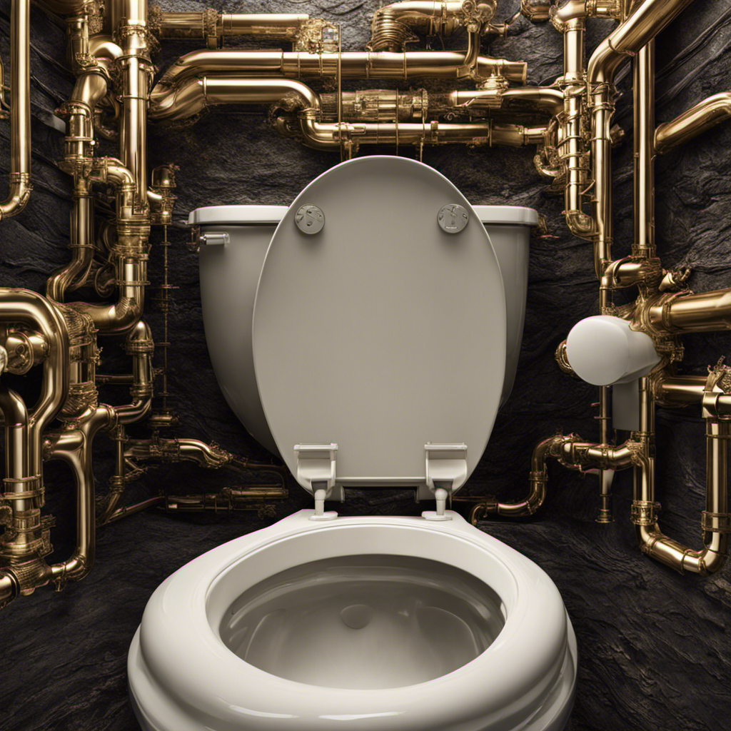 An image capturing the inner workings of a toilet tank, showcasing water flowing through narrow pipes, encountering obstructions like mineral deposits, and gradually slowing down, illustrating the reasons behind a sluggish toilet flush