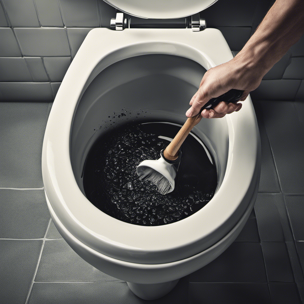 An image featuring a close-up of a clogged toilet, with murky water filled to the brim, a plunger resting beside it, and a frustrated person's hand reaching towards the handle, struggling to make the toilet flush