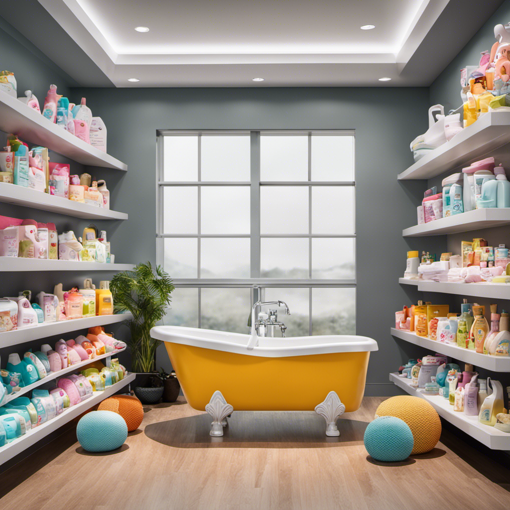An image showcasing a 4moms bathtub, gently resting on a store shelf, surrounded by other vibrant baby products