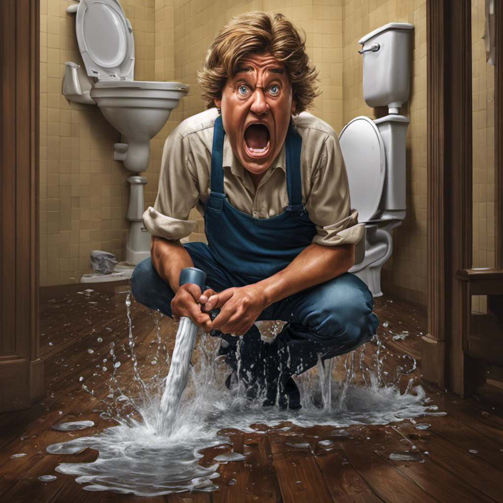An image depicting a frustrated person holding a broken plunger, facing a clogged toilet overflowing with water