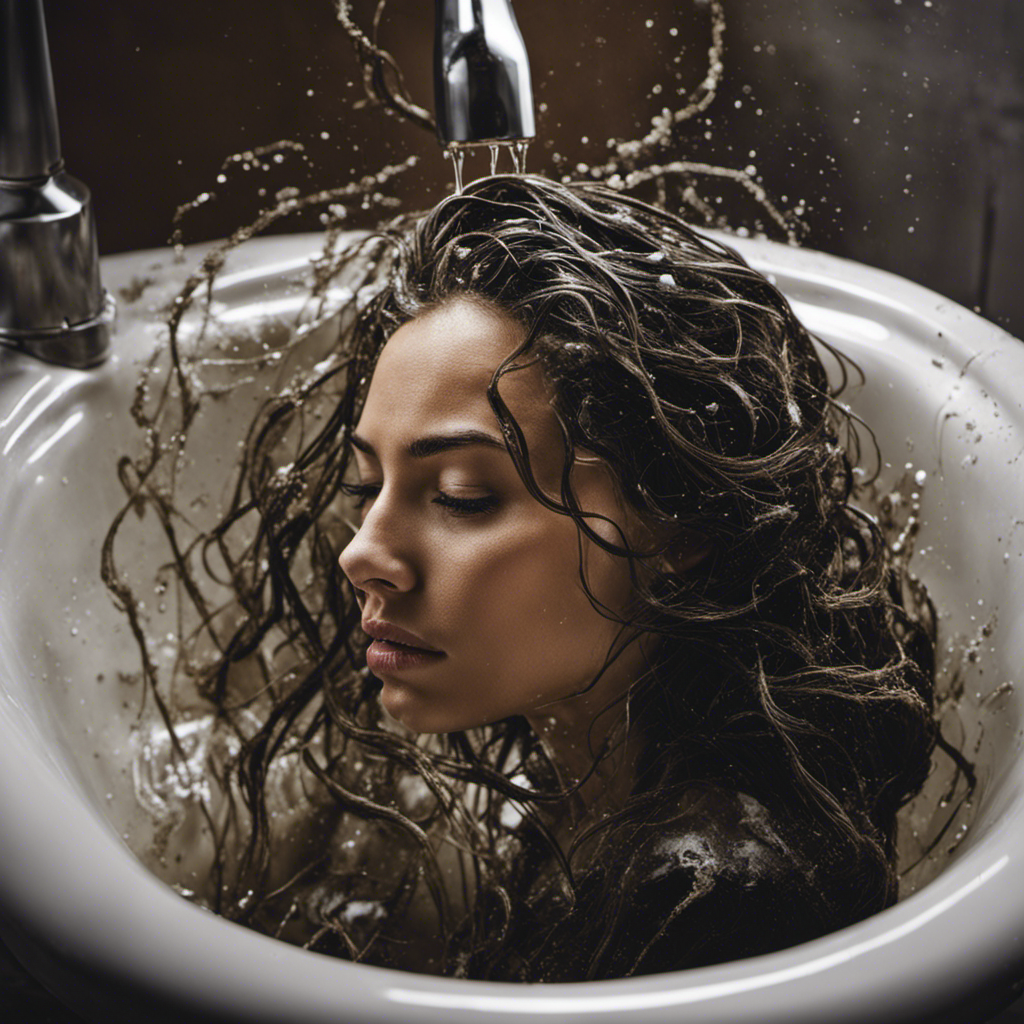 An image featuring a close-up of a clogged bathtub drain, showcasing a tangled mess of hair, soap scum, and debris
