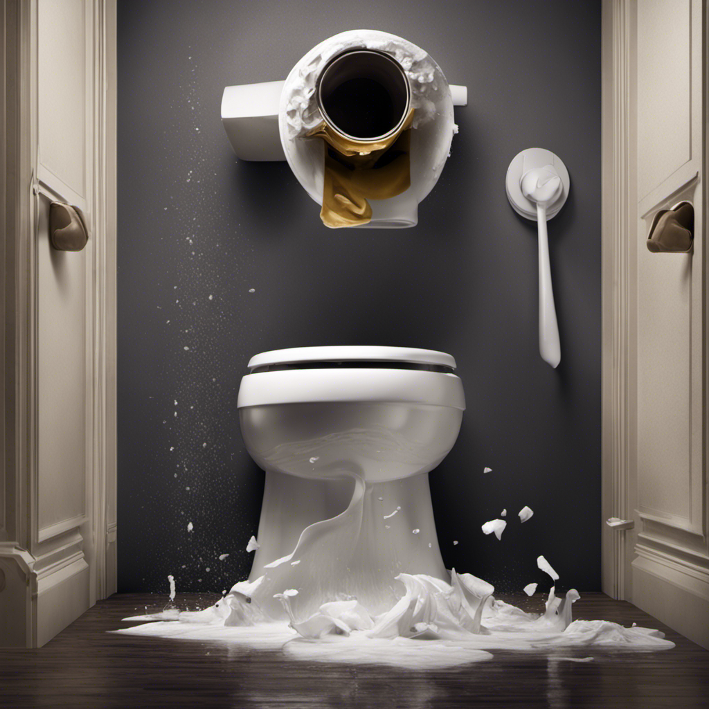 An image depicting a clogged toilet, with water rising to the rim, toilet paper floating on the surface, and a plunger nearby
