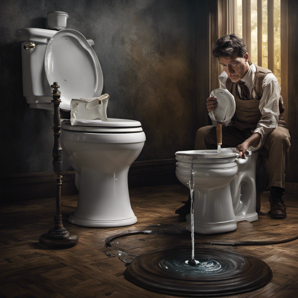 An image depicting a person holding a plunger, standing beside a half-empty toilet tank with a broken float valve