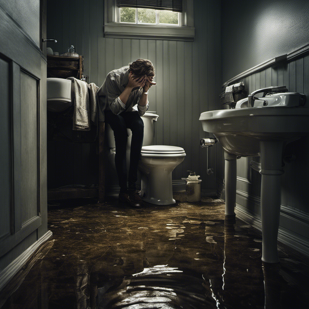 An image showcasing a frustrated person standing in a dimly lit bathroom, desperately trying to flush their toilet, while murky water struggles to flow down, causing visible clogs and a sense of exasperation