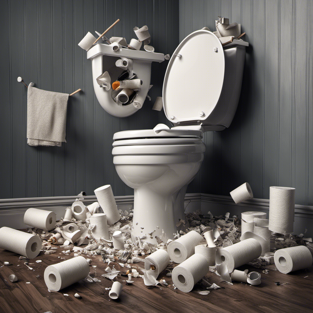 An image depicting a frustrated person with a plunger, desperately pushing down on a clogged toilet, while a multitude of toilet paper rolls, sanitary products, and other debris float around the toilet bowl