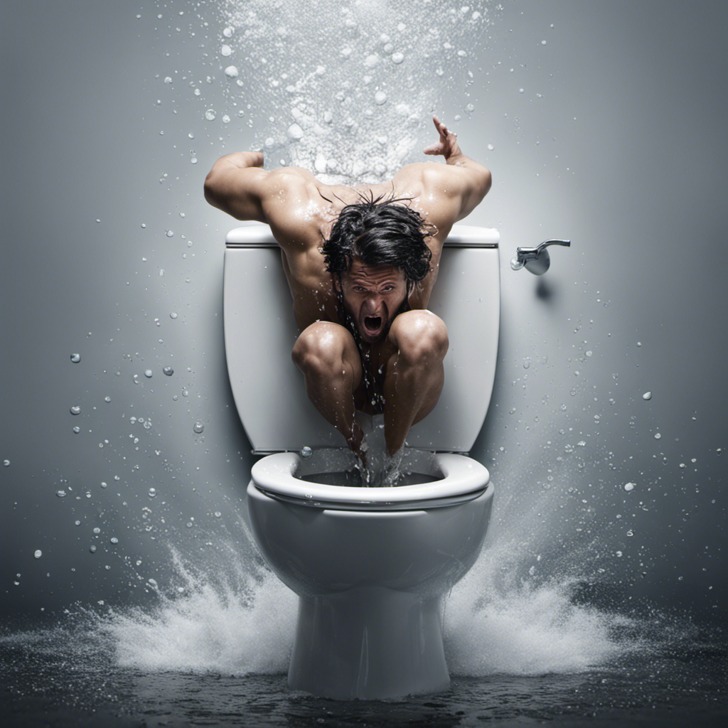An image showcasing a frustrated person vigorously plunging a toilet, with water splashing out and droplets flying in all directions, indicating the unsuccessful attempt to unclog it