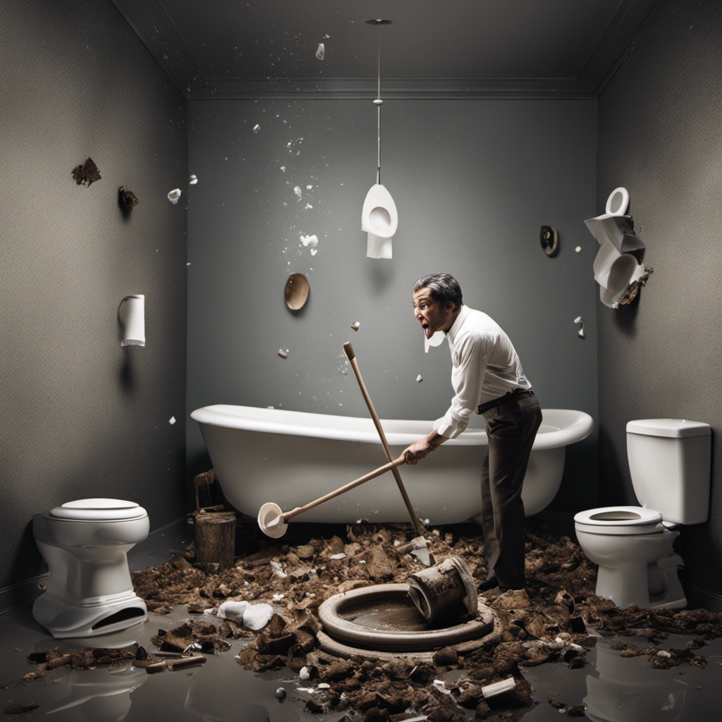 An image of a frustrated person standing in front of a clogged toilet, holding a plunger and looking perplexed