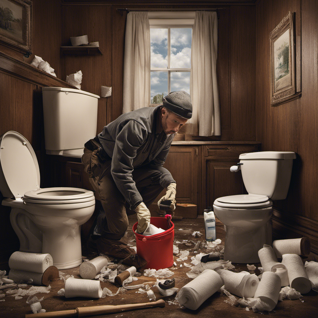 An image capturing a frustrated homeowner in gloves, holding a plunger, staring at a clogged toilet with overflowing water, surrounded by discarded tissue rolls, a bottle of drain cleaner, and a toolbox nearby
