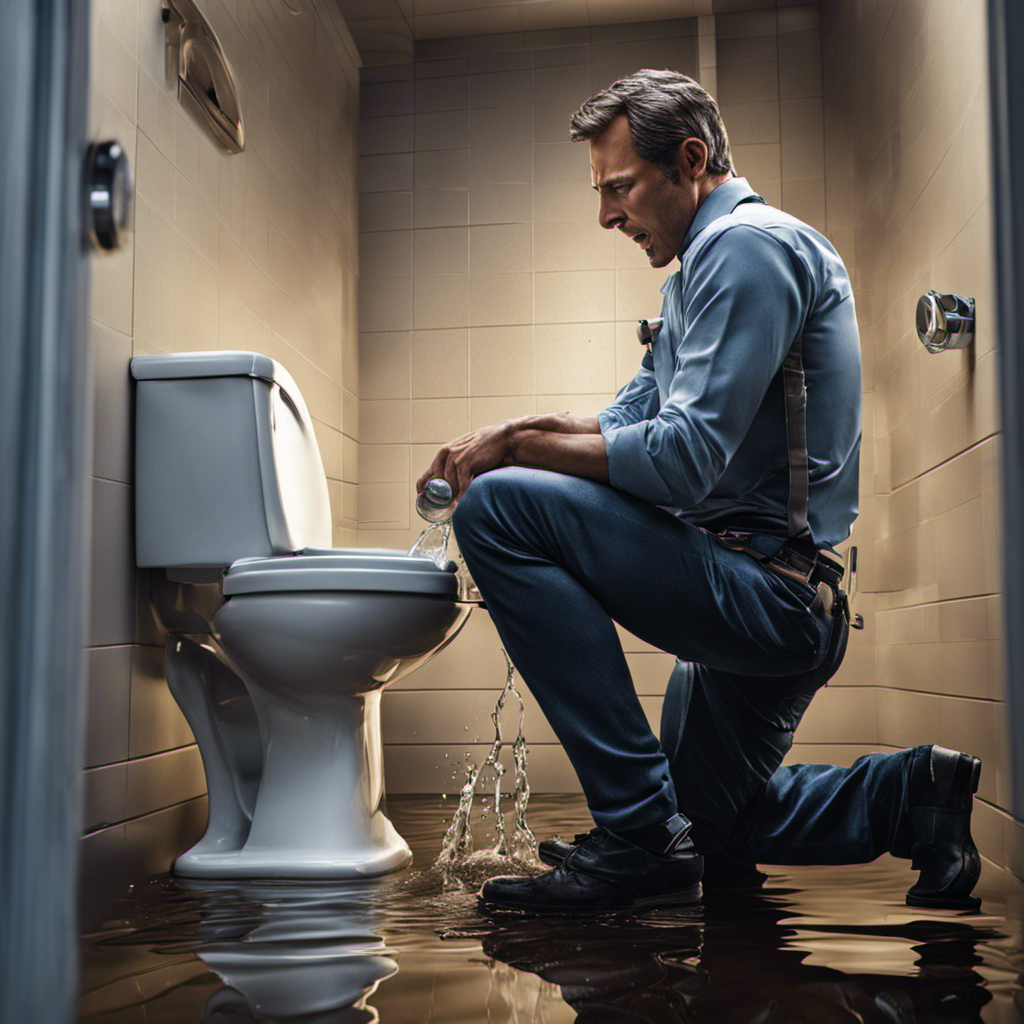 An image of a frustrated person in a bathroom, kneeling beside a toilet with water overflowing onto the floor