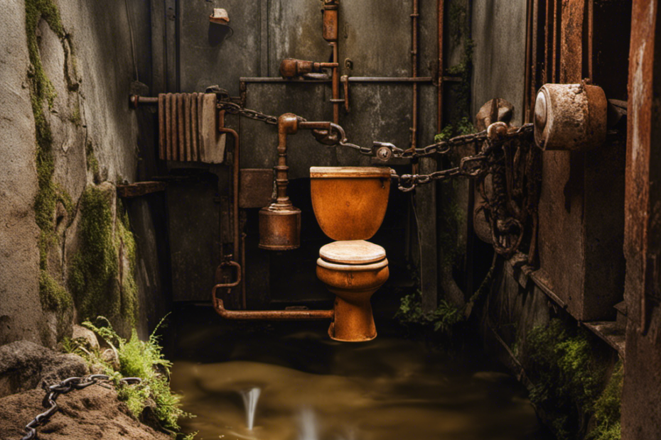 An image capturing the scene of a restless toilet, water gushing relentlessly, as a worn-out flapper valve dangles helplessly, a rusty chain struggling to regain control, all while a perplexed homeowner looks on, hands on hips