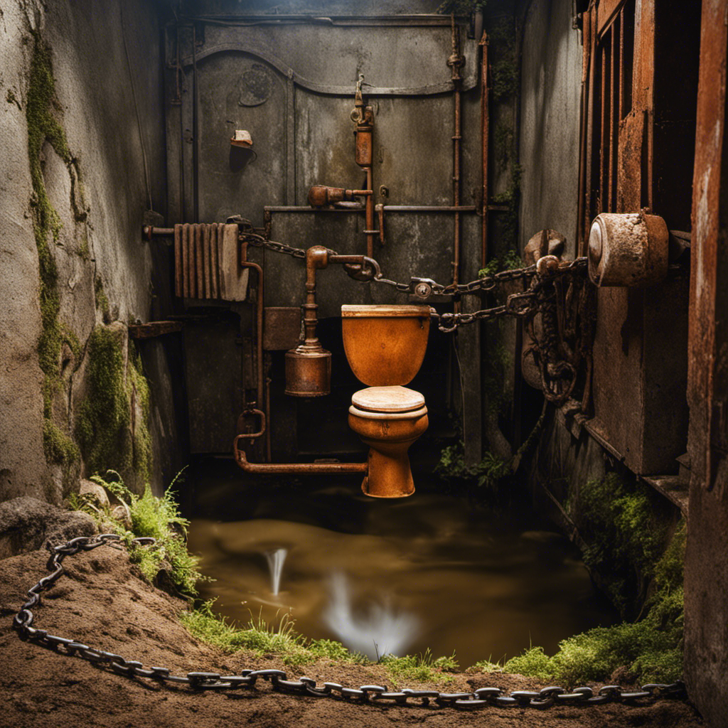 An image capturing the scene of a restless toilet, water gushing relentlessly, as a worn-out flapper valve dangles helplessly, a rusty chain struggling to regain control, all while a perplexed homeowner looks on, hands on hips