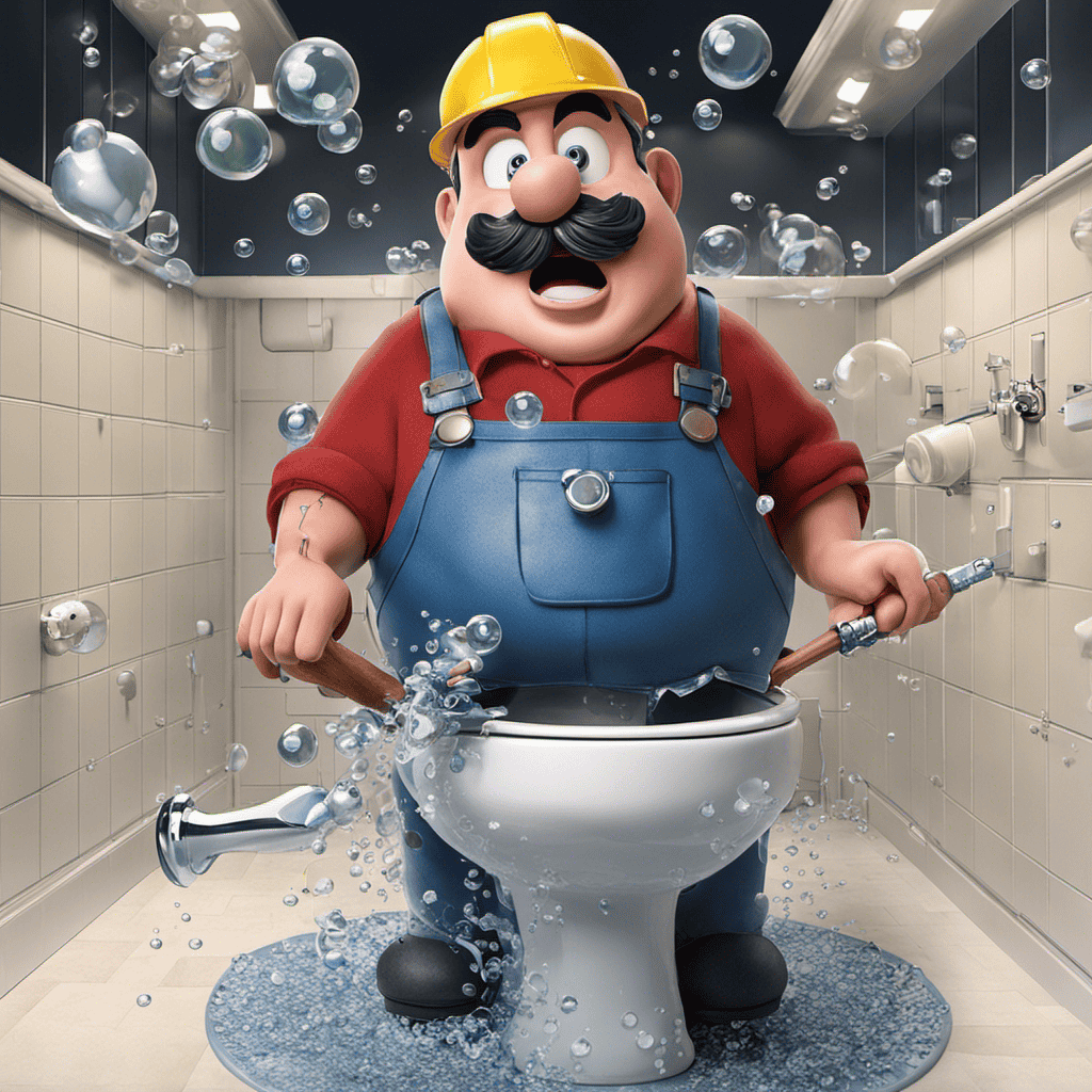 An image that depicts a toilet with small bubbles rising from the bowl, while a confused plumber wearing overalls and holding a plunger tries to understand why