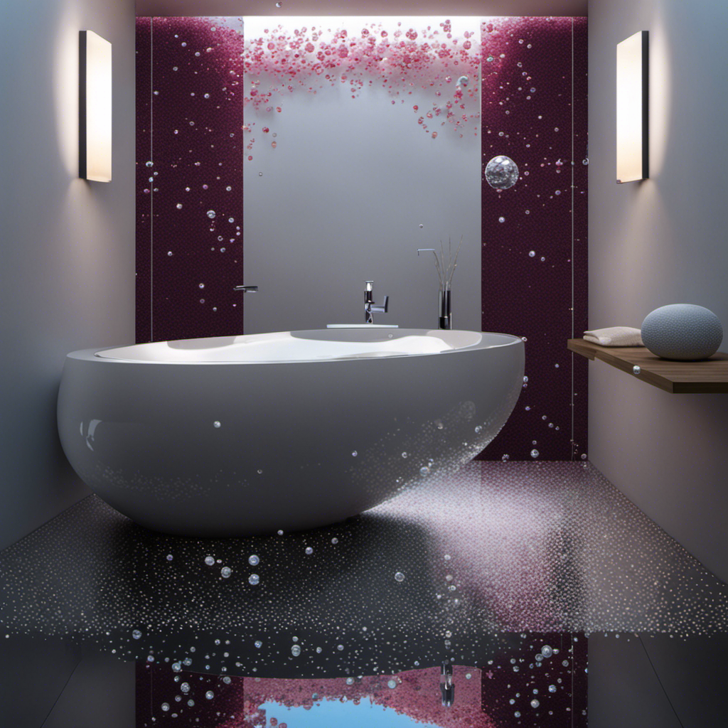 An image depicting a toilet with sparkling bubbles overflowing from the bowl, gently floating in the air while reflecting the vibrant bathroom tiles