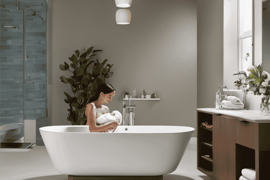 An image capturing a serene bathroom scene with a parent gently placing their baby into the 4moms Bathtub
