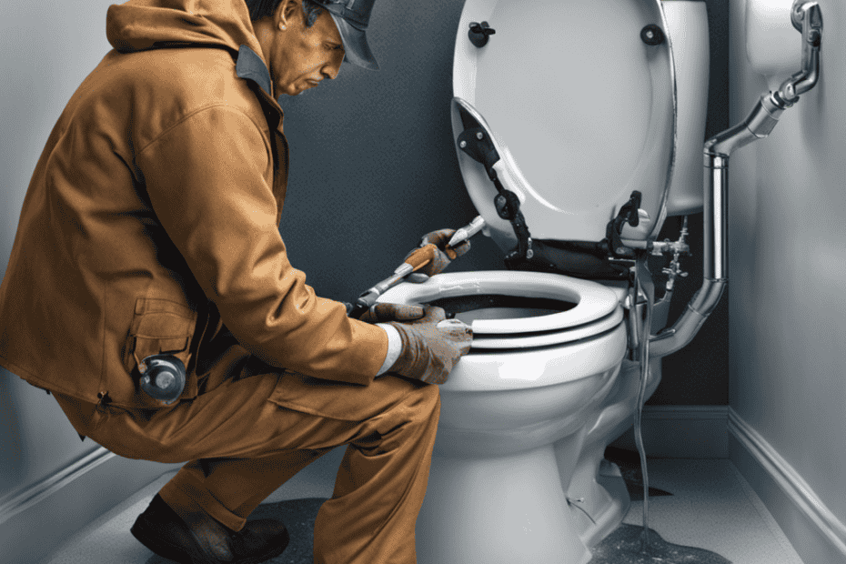 An image showcasing a pair of skilled hands holding a wrench, gently tightening a leaking pipe beneath a toilet