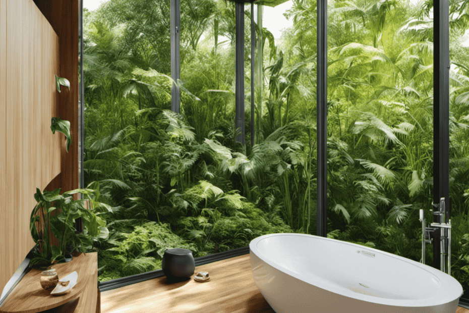 An image that showcases a serene bathroom with a sleek, modern composting toilet