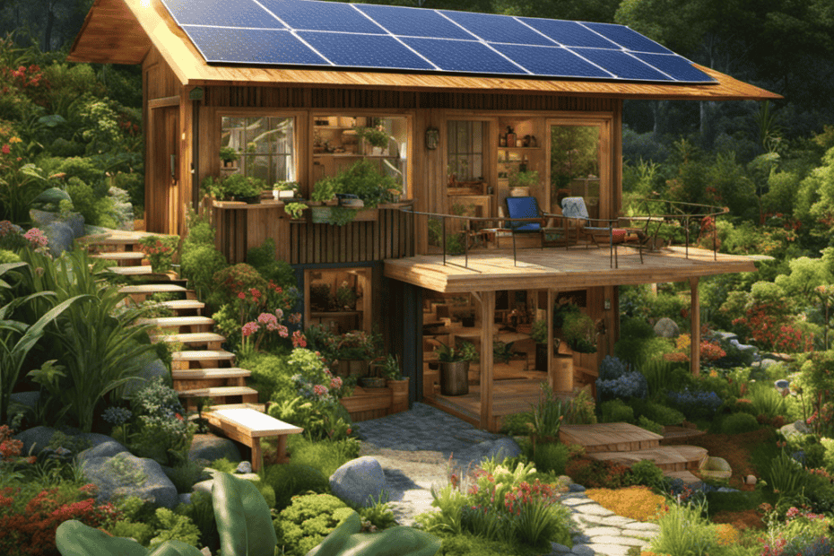 An image showcasing a lush, self-sustaining off-grid community surrounded by vibrant organic gardens