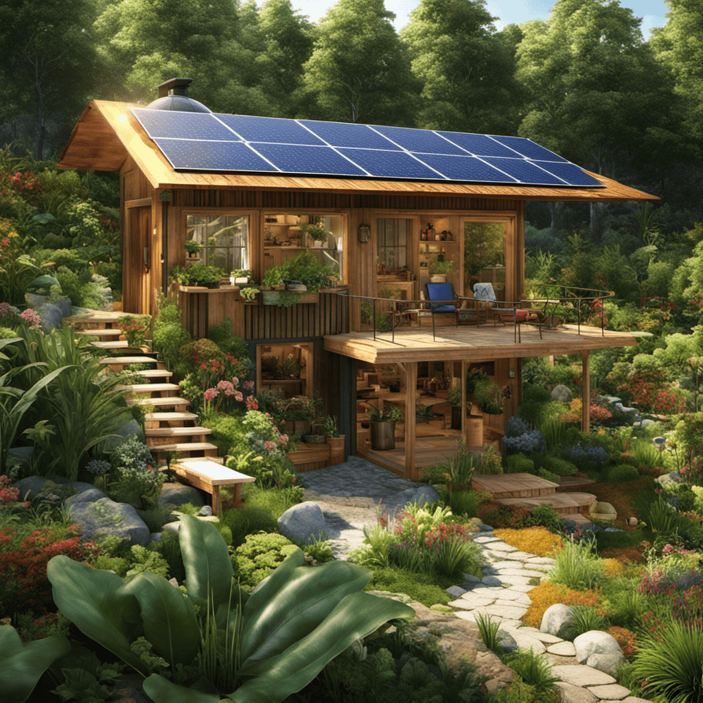 An image showcasing a lush, self-sustaining off-grid community surrounded by vibrant organic gardens
