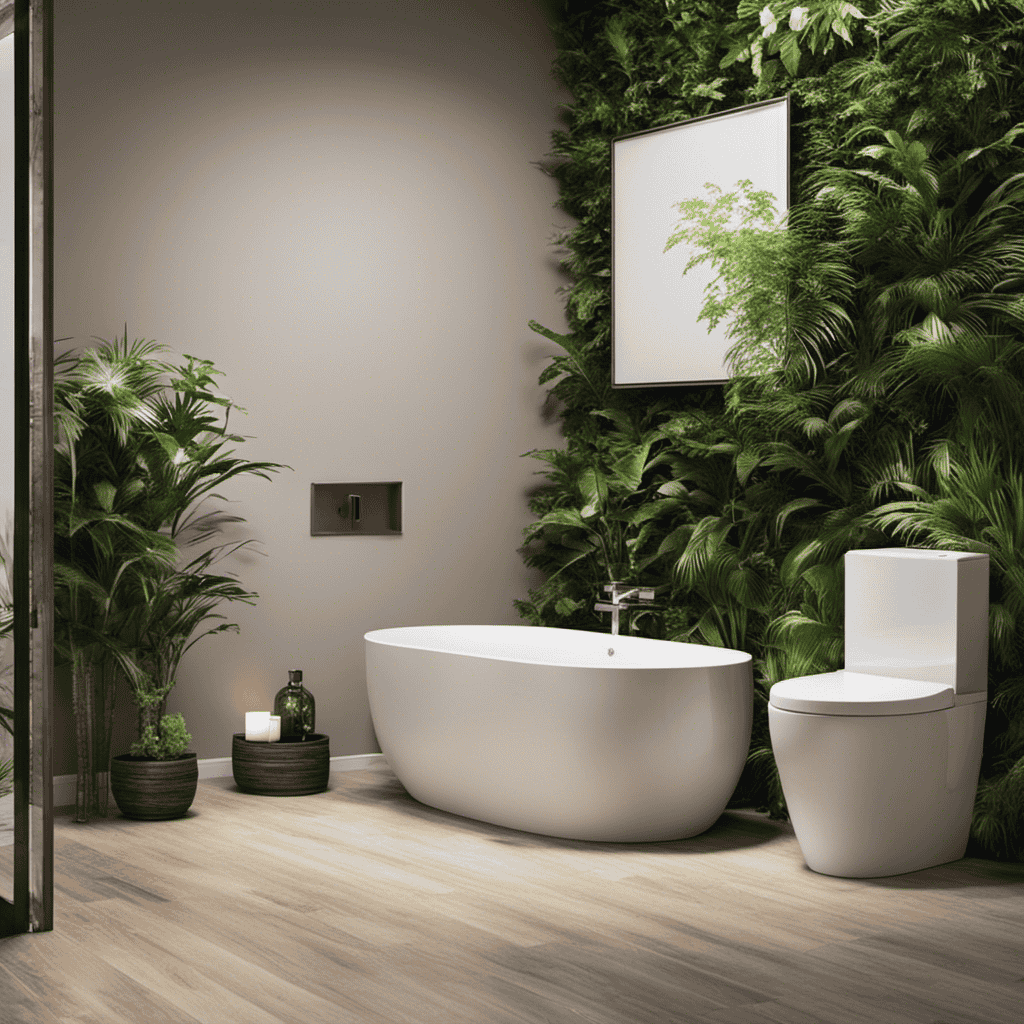 An image featuring a stylish bathroom with a sleek, modern toilet at its center