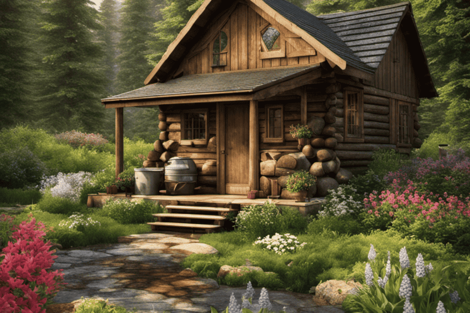 An image showcasing a serene outdoor setting with a rustic cabin in the background
