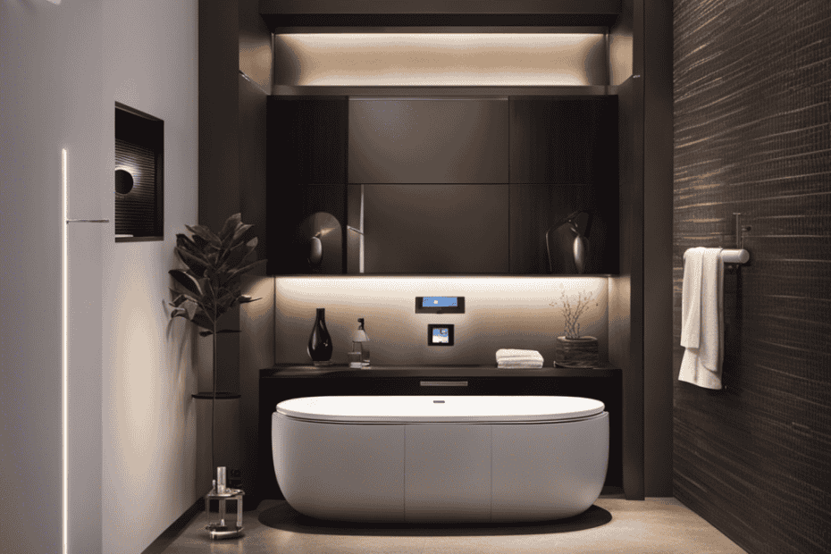 An image showcasing a sleek, modern bathroom with a futuristic smart toilet as the centerpiece