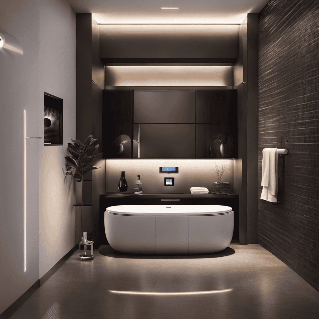 An image showcasing a sleek, modern bathroom with a futuristic smart toilet as the centerpiece
