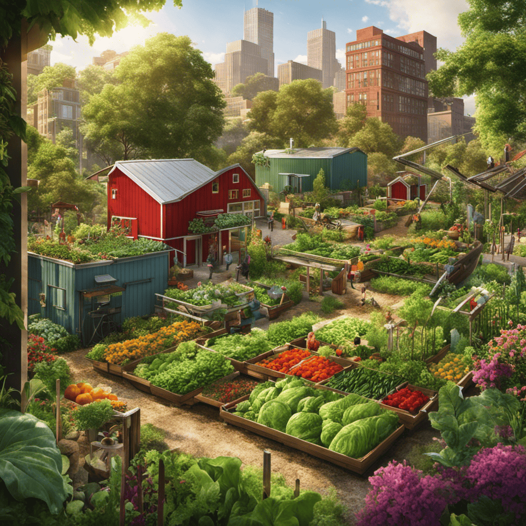 An image showcasing a thriving urban farm, where lush green vegetables and fruits flourish alongside a composting toilet system