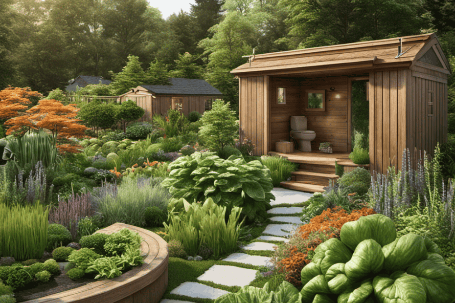 An image showcasing a lush vegetable garden thriving beside a quaint, eco-friendly home