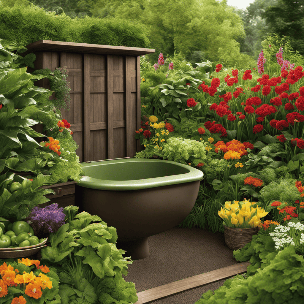 An image capturing a lush, verdant garden thriving with vibrant flowers, vegetables, and fruits, all nurtured by the nutrient-rich compost produced by a composting toilet