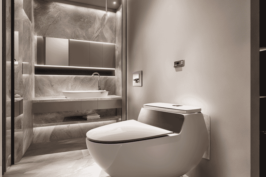 An image showcasing a sleek, modern toilet with soft ambient lighting, featuring a heated seat, built-in bidet, and a control panel with various customizable options, surrounded by elegant marble tiling