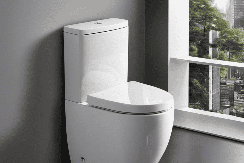 An image showcasing a modern, sleek toilet design with a dual-flush mechanism, demonstrating efficient water usage