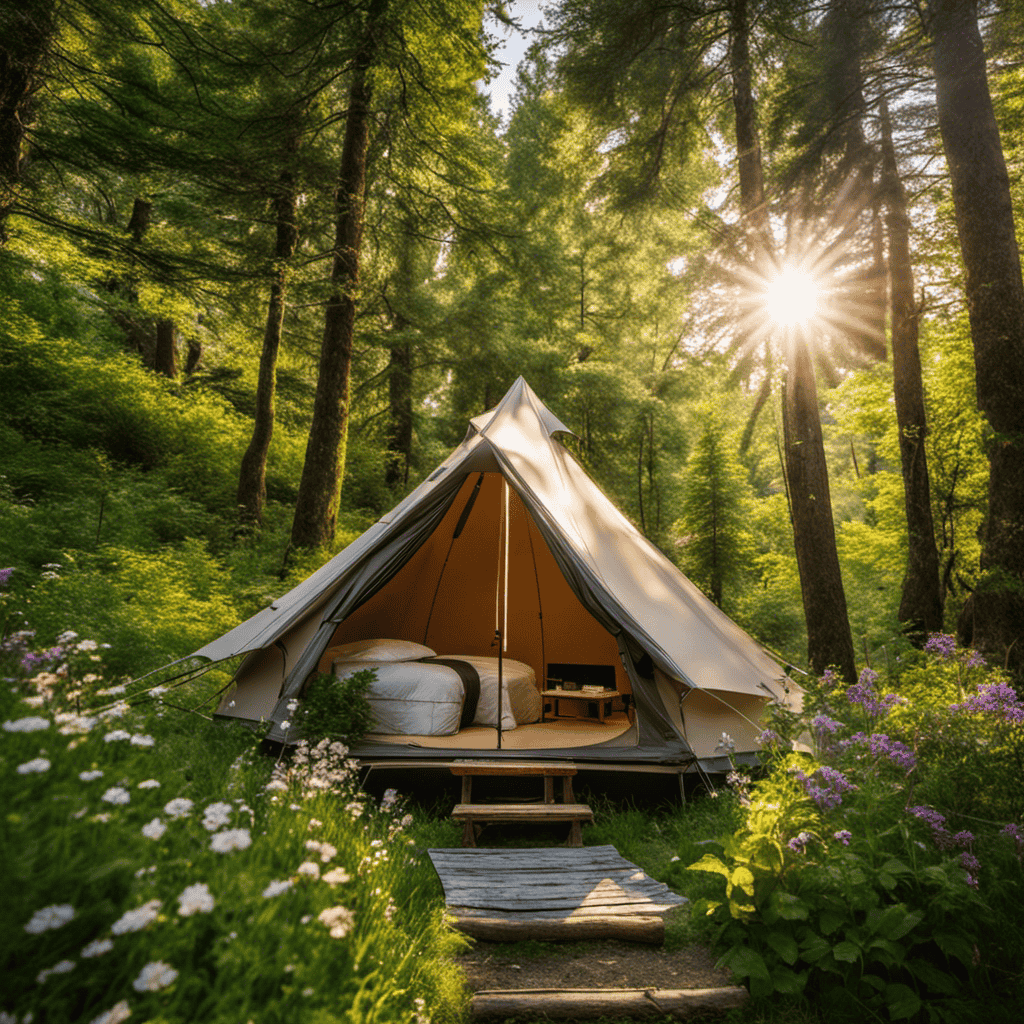 An image showcasing a serene campsite surrounded by lush greenery, where a composting toilet is discreetly nestled amidst wildflowers