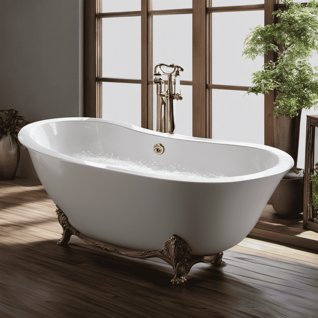 An image showcasing a serene bathroom scene with a pristine, white bathtub slowly filling up with clear, warm water