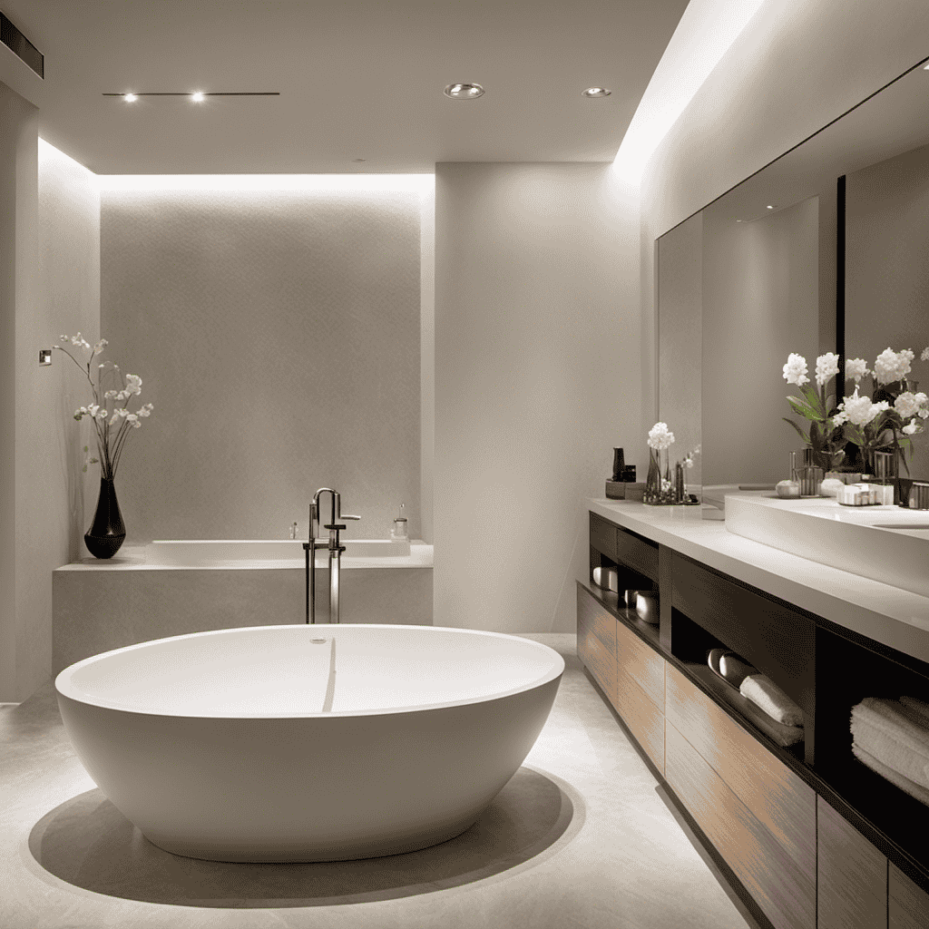An image showcasing a spacious bathroom with a sleek, white porcelain bathtub
