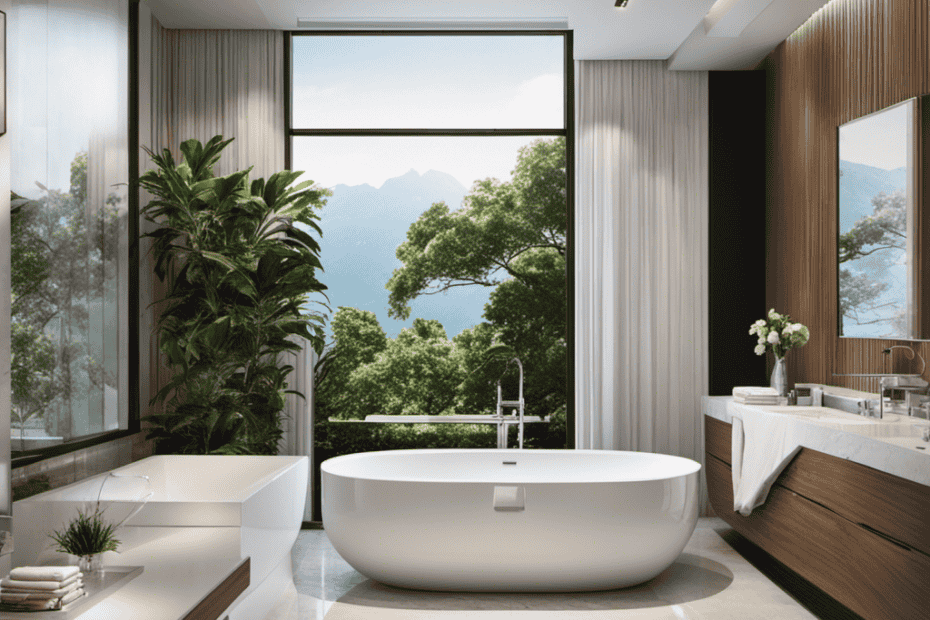 An image depicting a spacious bathroom with a modern, white, freestanding bathtub filled to the brim with crystal-clear water, inviting readers to visualize the average bathtub's gallons without any words
