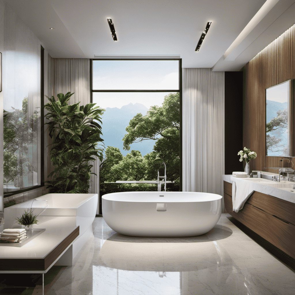 An image depicting a spacious bathroom with a modern, white, freestanding bathtub filled to the brim with crystal-clear water, inviting readers to visualize the average bathtub's gallons without any words