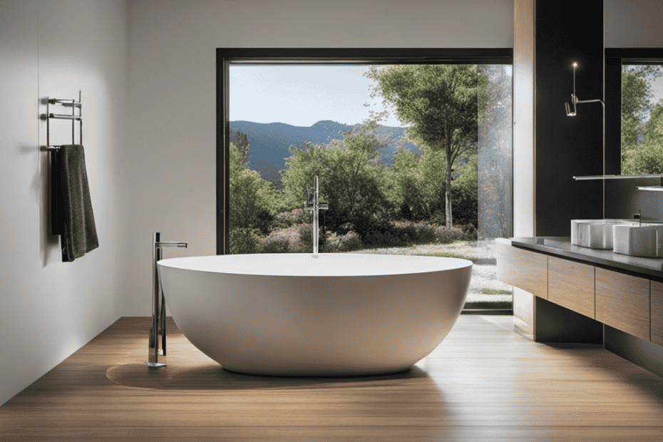 An image showcasing a modern bathroom with a sleek, freestanding bathtub filled with water