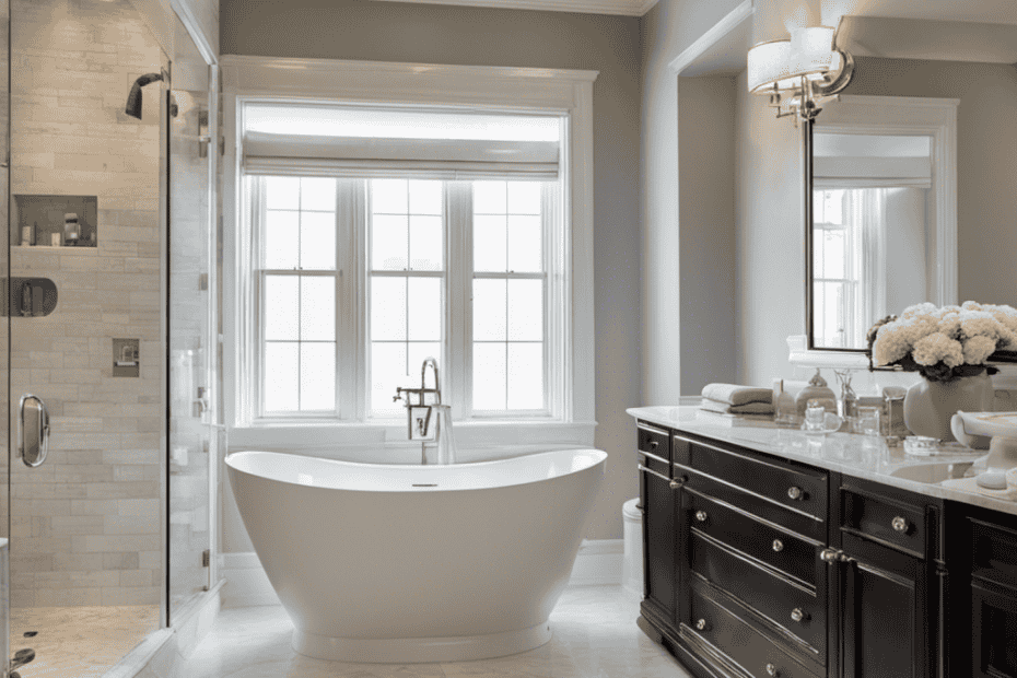 An image showcasing a professional Home Depot installer meticulously fitting a pristine white bathtub into a beautifully tiled bathroom, highlighting the precision and craftsmanship of their installation services