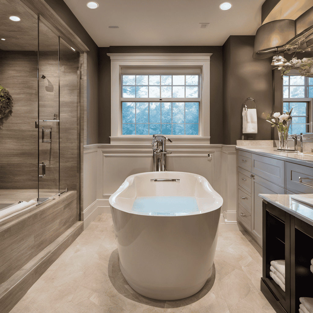 An image showcasing a luxurious, spacious walk-in bathtub with sleek, chrome fixtures and a built-in seat
