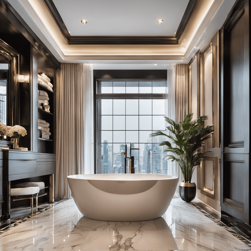 An image showcasing a luxurious bathroom adorned with a stunning freestanding bathtub, elegantly designed faucets, and a sleek marble floor, evoking an atmosphere of opulence and relaxation
