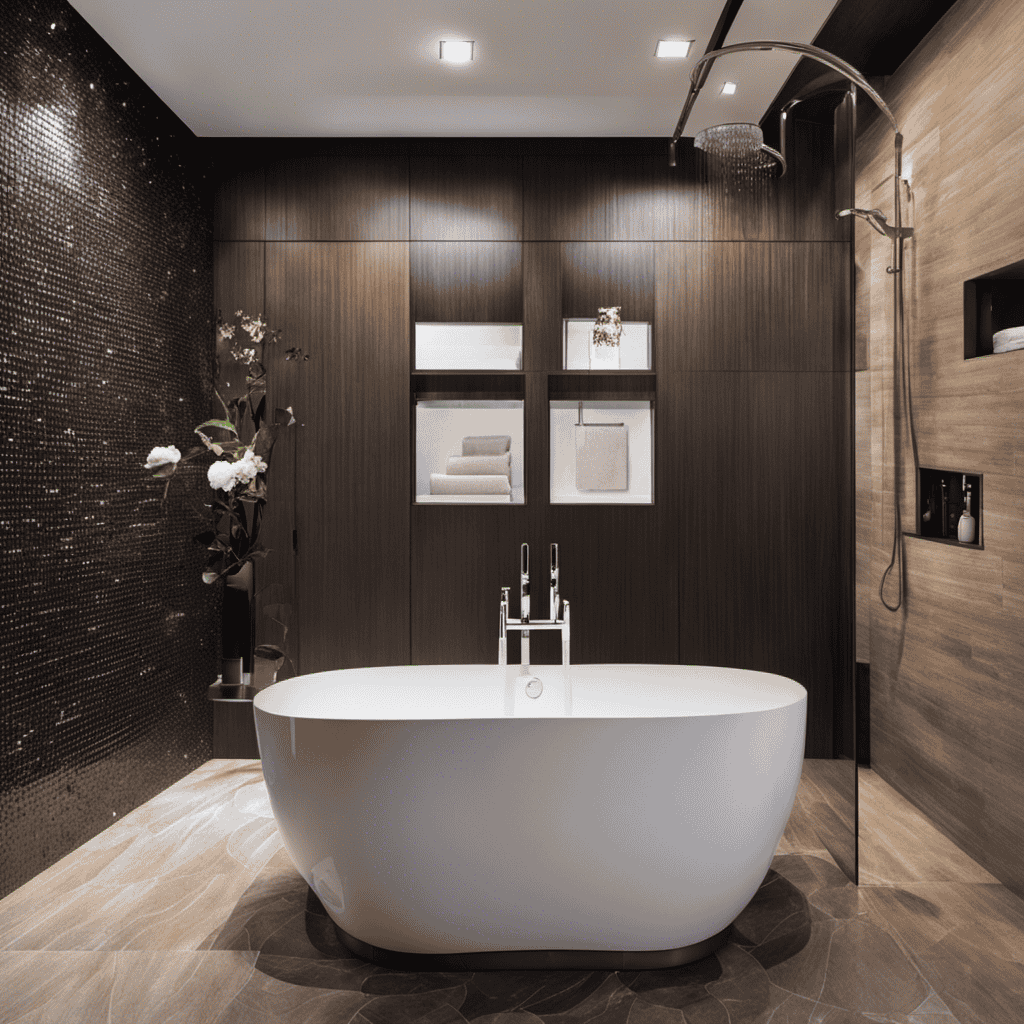 An image showcasing a bathroom transformation: a sleek, modern bathtub with a luxurious rainfall showerhead mounted on the wall above, surrounded by sparkling tiles and complemented by elegant fixtures and accessories