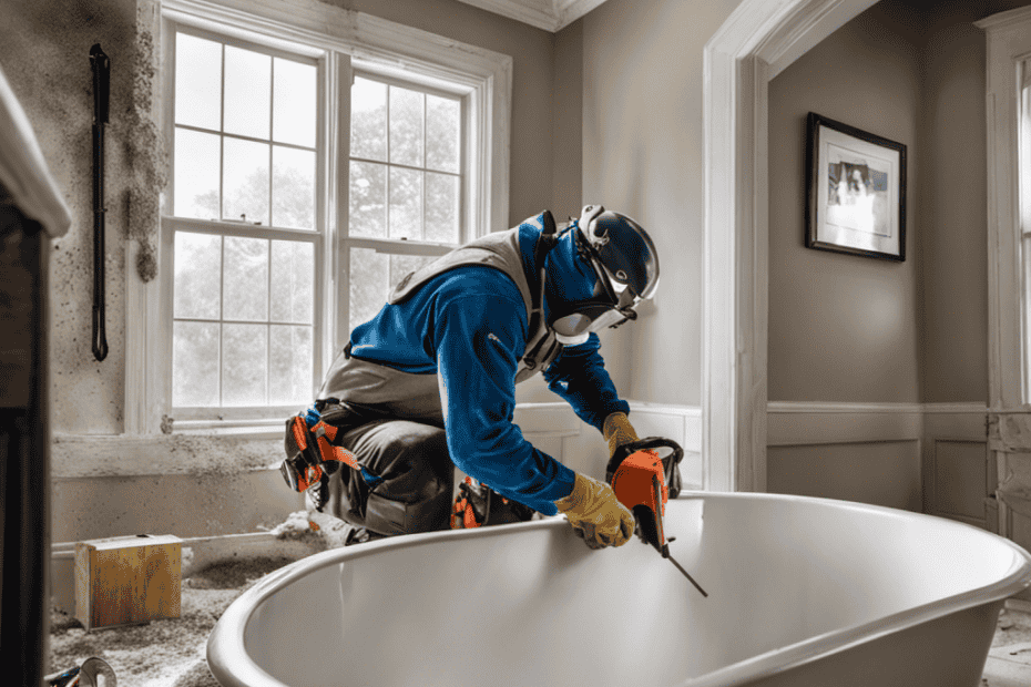 An image showcasing a bathroom renovation project, capturing a skilled plumber wearing protective gear, confidently removing an old porcelain bathtub amidst scattered tools, dust, and debris, revealing a pristine, modern bathtub ready for installation