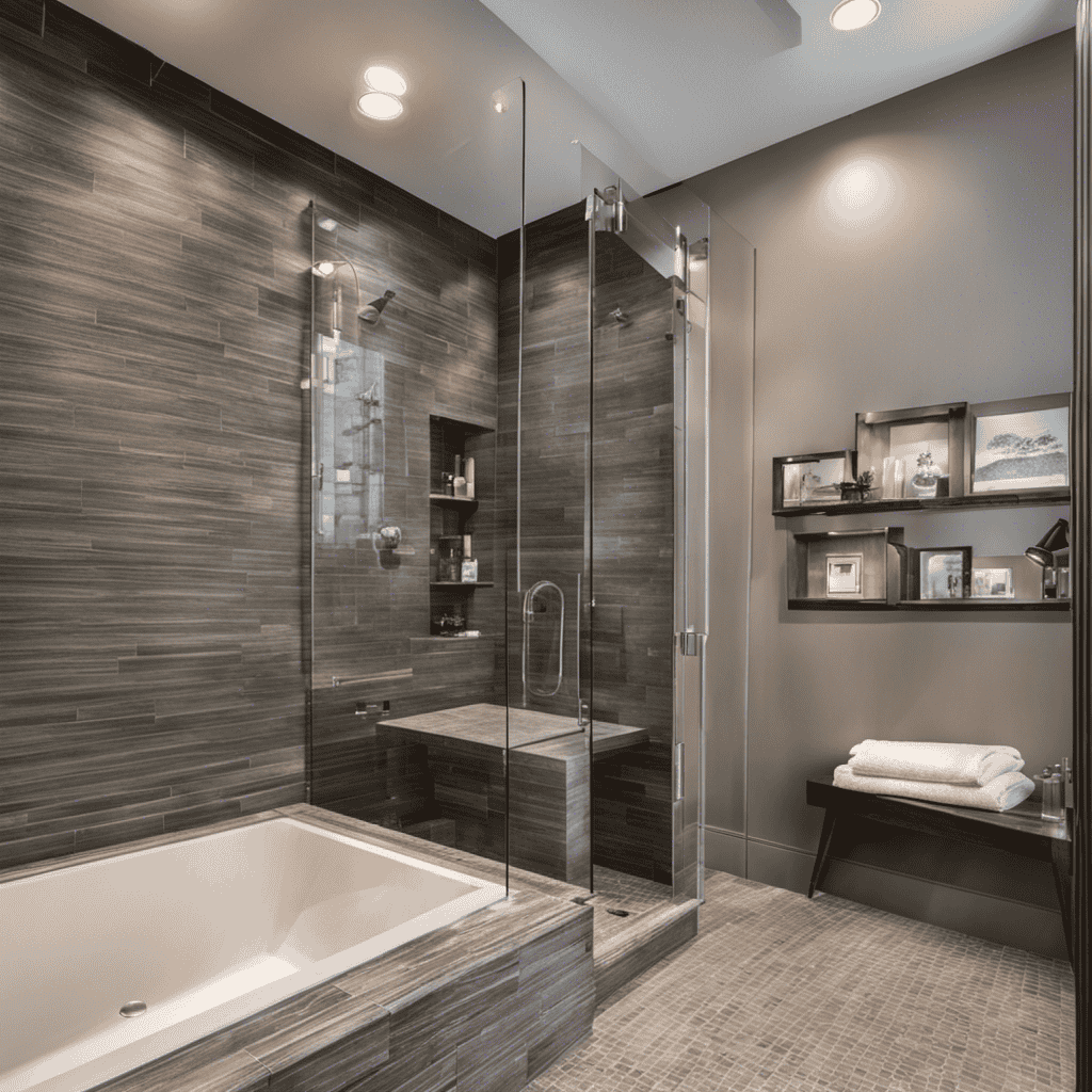 An image showcasing a bathroom transformation: a spacious, modern shower with sleek glass doors, gleaming tiles, a rainfall showerhead, and a built-in bench, highlighting the seamless transition from an old bathtub