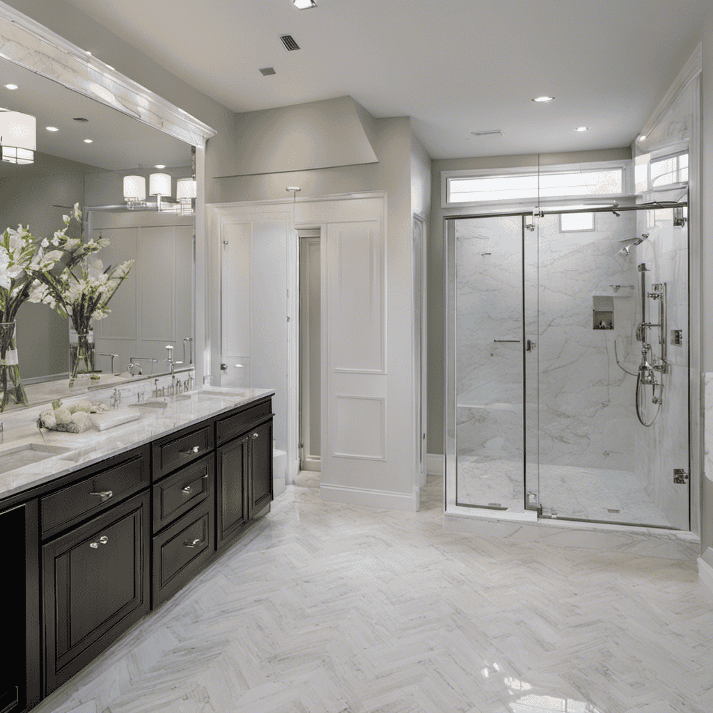 An image showcasing a spacious modern bathroom with a sleek, glass-enclosed walk-in shower, featuring elegant chrome fixtures, luxurious marble tiles, and a rain showerhead, highlighting the transformation and cost of replacing a bathtub