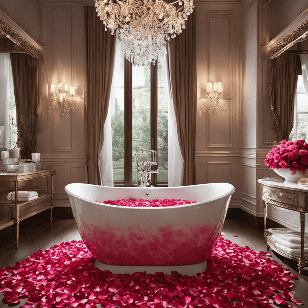 An image capturing the serene ambiance of a bathroom: a luxuriously filled bathtub, adorned with rose petals, surrounded by flickering scented candles