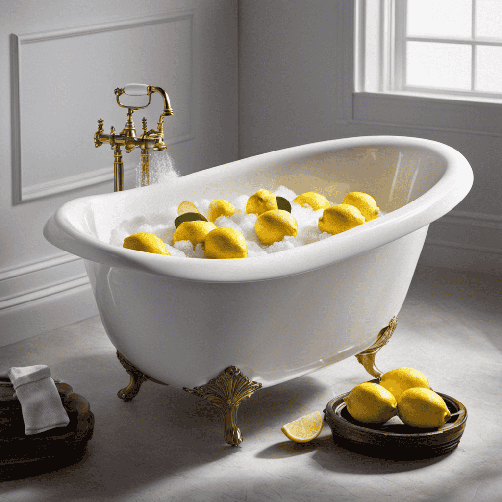 An image showcasing a sparkling white bathtub surrounded by fresh lemons, baking soda, and vinegar