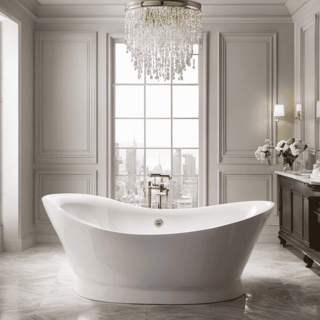 An image of a gleaming, spotless bathtub with sparkling white porcelain, surrounded by gentle foam and bubbles as if effortlessly cleaned